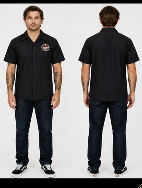 Red Kap Retro Atomic Music Patch Button-Up Mechanics Shirt Men’s Medium Black